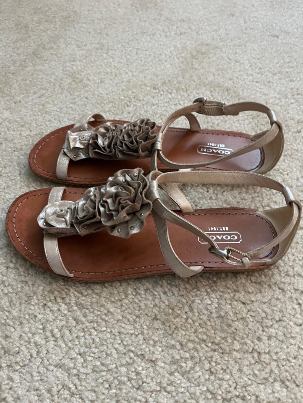 Coach Metallic Rose-Embellished Tan Leather T-Strap Sandals - Picture 3 of 6